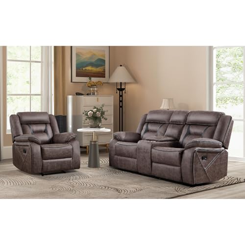 Image of EBELLO Manual Recliner Sofa Set, Faux Leather Reclining Living Room Furniture Set, Included Single Recliner Chair and Manual Loveseat Sofa, Grey