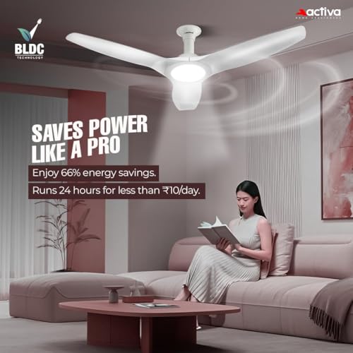 Image of ACTIVA Silentair 1200mm BLDC Ceiling Fan with LED Light & Remote | 28W BEE 5 Star Fan | Reversible Mode | High Speed Airflow | Silent Operation | Premium Decorative Ceiling Fan | (White)