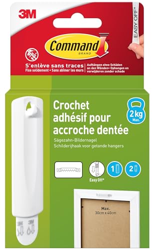 Command Crochet Accroche Adhésive pour Tableaux, Blanc - 1 Crochet, 2 Languettes - Résistant à l'eau - Accrochage Sans Dommage, 2kg