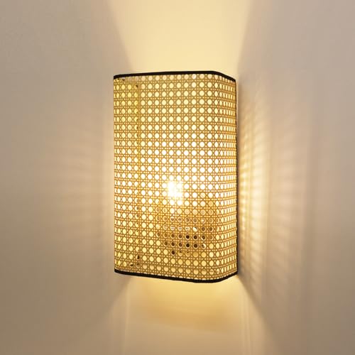 Alpinaluz Aplique de Pared con Pantalla de Bambú Rectangular y Difusor Acrílico | Estilo Moderno Rústico, Casquillo E27, Luz Decorativa para Dormitorio y Sala