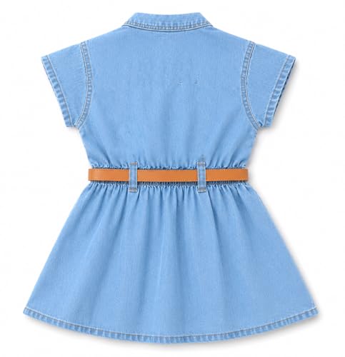 Image of Bold N Elegant Girl's Short Sleeve Front Open Stylish Cute Cotton Denim Dress Frock Tunic with PU Leather Belt and Pockets for Infant Toddler Baby Girls