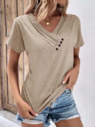 Women's Short Sleeve V-Neck T-Shirt, Casual Loose Fit Top, Soft Breathable Tee, Summer Solid Color Blouse, Button Down Shirt3