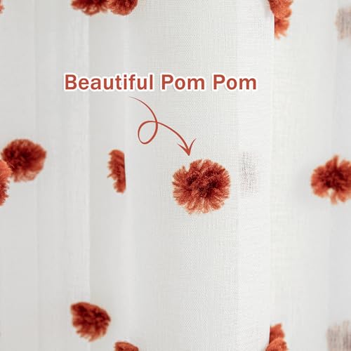 Image of MYSKY HOME Brick Red Pom Pom Sheer Curtains for Bedroom 90 Inch 2 Pieces