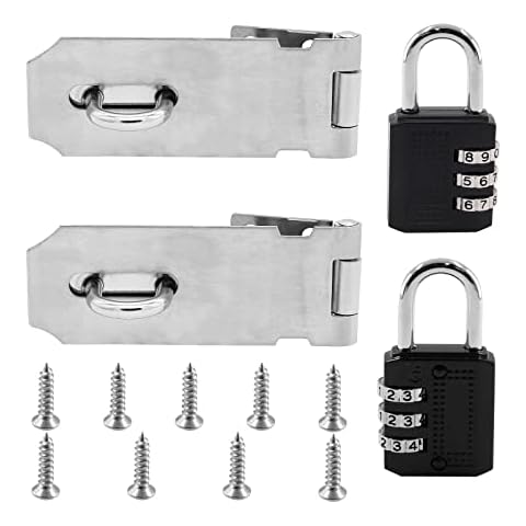 Kemcatui 4 Pack 90 Degree Door Hasp Latch, 4 Inch Stainless Steel Padlock Latch, 3 Digit Latch with Combination Lock, Security Lock with Screws Locking Clasp Safety Hasp Latch Cover