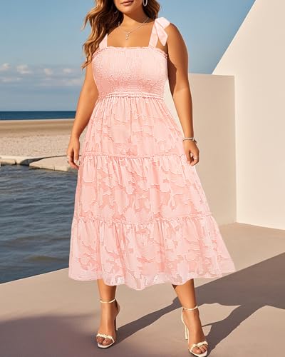 Image of Plus Size Summer Dress - Sun Boho Beach Casual Floral Tiered Smocked Long Maxi Dresses