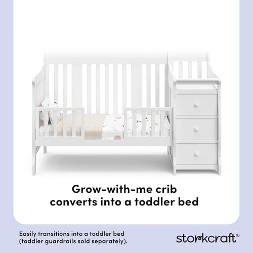 Image of Storkcraft Portofino 5-in-1 Convertible Crib and Changer - Crib and Changing Table Combo with Drawer, Converts to Toddler Bed, Daybed and Full-Size Bed, Storage Drawer (White)