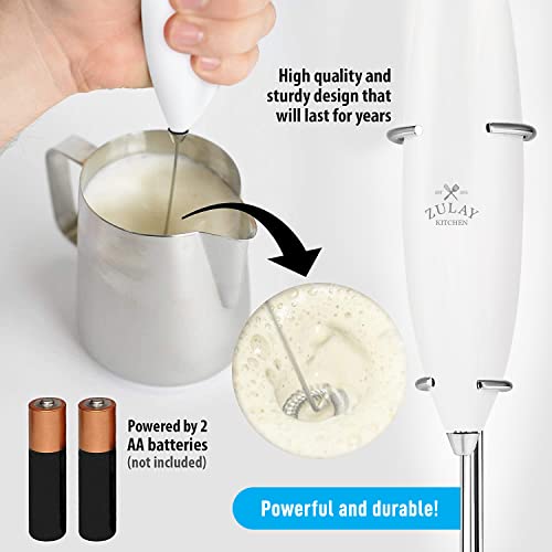 Image of Zulay Premium Gift Milk Frother Set - Handheld Coffee Frother with Stand, 12oz /350ml Frothing Pitcher + 4 Latte Art Stencils - 13,000 RPM Motor, SS Whisk, Battery Operated - Barista Kit (White)