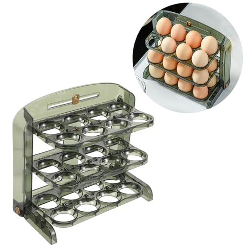 Flippable Egg Holder for Refrigerator, 3 Layer Egg Storage Container For Fridge Side Door,Flipping Egg Organizer, Foldable Egg Tray With Time Scale, Storage 24 Count (Transparent)