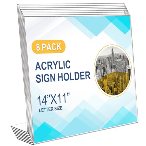 Image of Qilery 8 Pcs Acrylic Sign Holder Horizontal 14 x 11 Inch, Standing Sign Holder Table Top Transparent Plastic Document Slant Back Display Stand for Workers Teachers Office Restaurant Menu Desktop