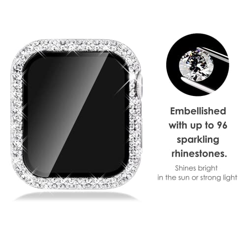 NewWays 2 Pack Compatible with Apple Watch Case 41mm Built-in Screen Protector,Women Diamond Bling Cases for iWatch Series 9 8 7,Silver/Clear - Image 2