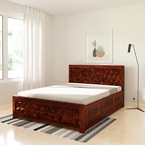 Image of Solid Sheesham Wood Navis Queen Size Bed with Box Storage Palang Cots Wooden Double Beds for Bedroom, Living Room, Hotel and Home (Honey Finish)