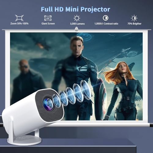 Mini rzutnik, projektor, zintegrowane aplikacje, obsługuje 4K i 1080P, inteligentny projektor z WiFi 6 i Bluetooth 5, automatyczna korekcja trapezu, obracany o 180° do kina domowego i na zewnątrz