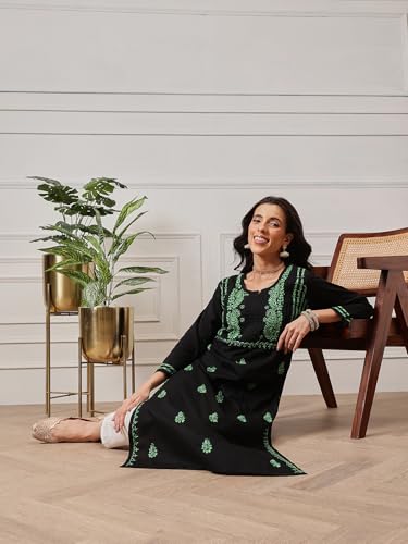 Image of Ada Women's Cotton Straight Fit Tunic Hand Embroidered Straight Lucknow Chikankari Kurta Kurti A411435