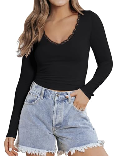 PINKMSTYLE Women Sexy V Neck Lace Long Sleeve Shirts Basic Fitted Double Lined Going Out Y2K Trendy Fall Tops3