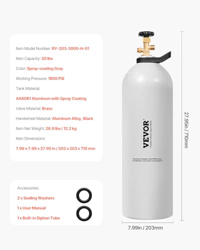 Image of VEVOR CO2 Tank, 20 lbs New Aluminum Alloy Cylinder, CO2 Air Tank with Light Spray Coating, CGA320 Valve, Handle, Built-in Purple Copper Siphon, DOT Approved Cylinder for Draft Beer Dispensing