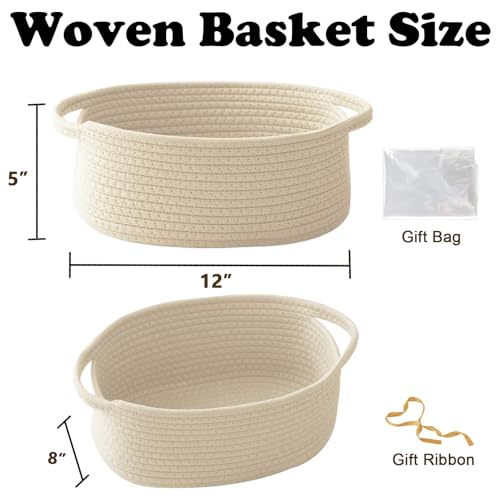 Image of Cream Woven Rope Basket,Baby Gift Basket with Bag & Ribbon