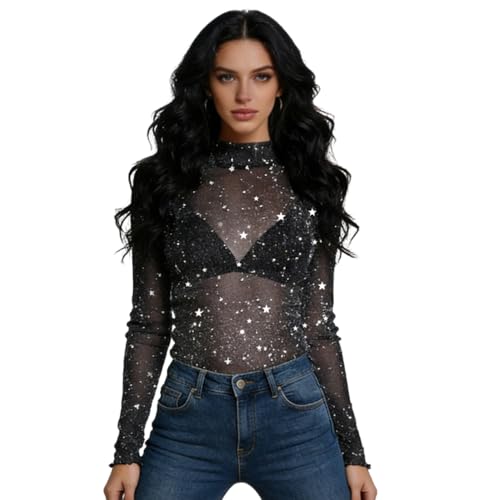 PASLFC Hochelastische Glitzer Oberteile Damen,Glitzerstück Mesh...