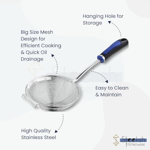 Image of Stainless Steel Jhara for Frying Big Size | Deep Fry Mesh Skimmer Spoon for Frying | Wire Skimmer, Puri Strainer, Cooking Oil Strainer for Kitchen, Durable Long Blue Handle - 14CM