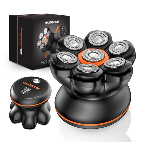 MAXGROOM Afeitadora Cabeza Hombre, Maquina Afeitar Hombre, Afeitadora para Calva en Seco y Húmedo, Batería de Larga Duración, 7 Cabezales, Magnético, 100% impermeable, Color Negro