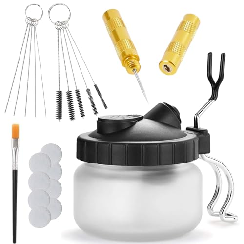 VOBOR 23 Pièces Kit de Nettoyage pour Aérographe, Comprenant 1 Pot Support 5 Brosses 5 Pics 1 Aiguille de Lavage 10 Cotons Filtrants et 1 Pinceau Fin, pour...
