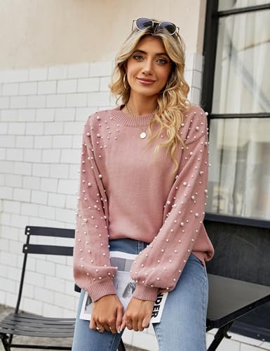 Image of Blooming Jelly Women's Chunky Sweater Crewneck Sweatshirt Knit Lantern Sleeve Oversized Pullover Sweater with Pearls