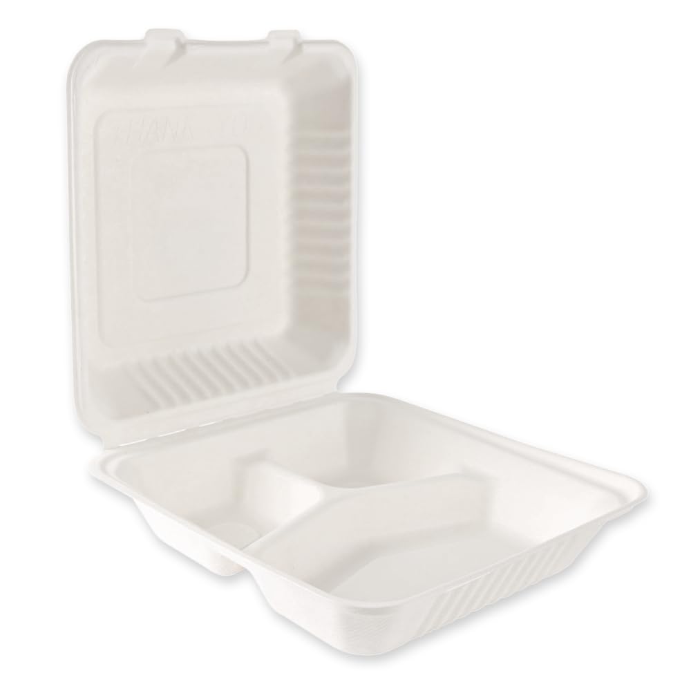 FRANZ MENSCH 250 Stück NATUREStar Menüboxen mit Klappdeckel, 3-geteilt | Zuckerrohr, weiß, V: 1,1l, L: 22,5cm, B: 20cm, H: 9cm, Karton, Menüboxen, Lunchboxen, Klappboxen