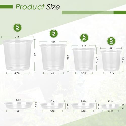 4/5/6/7 Inch Clear Nursery Pots for Plants with Sacuers 20 Pack, Plastic Flower Pots with Drainage Holes, Variety Pack Seedlings Garden Pot for Indoor Outdoor (4+5+6+7 inch) - Image 4