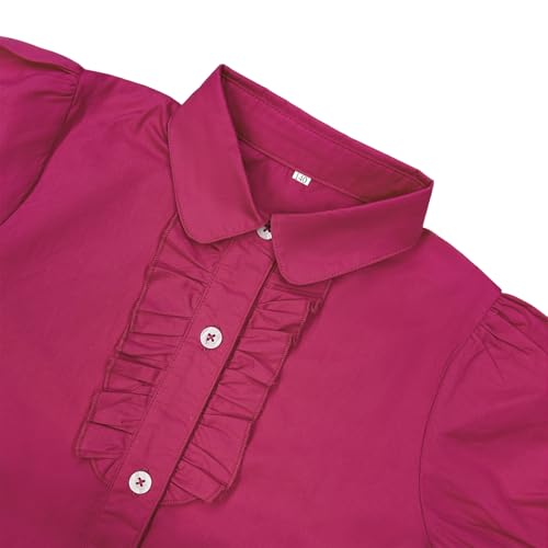 Image of Girls Short Sleeve Button Down Shirts Ruffle School Uniform Crop Tops Peter Pan Collar Plaid Blouse 4-13Y