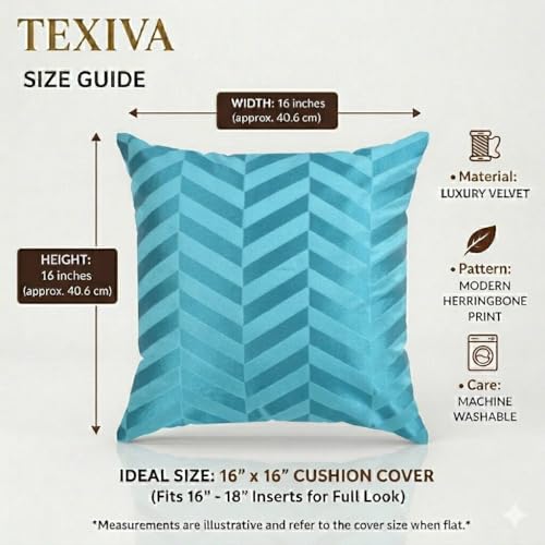 Image of TEXIVA Premium Velvet Cushion Covers Set of 5, 16x16 Inch Sofa Cushion Covers with Hidden Zipper, Modern Chevron Pattern - Blue