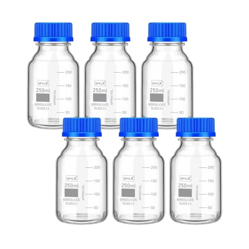 Image of Borosilicate Glass reagent bottle 250ml with leak proof Blue Screw Cap pack of 6 for glassware wide mouth chemical bottles for lab, laboratory, kitchen and professional use