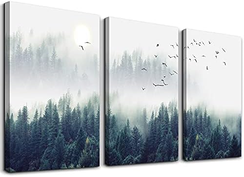 3 Piece Canvas Wall Art for Living Room- wall Decorations for Bedroom Foggy forest Trees Landscape painting- Modern Home Decor Stretched and Framed Ready to Hang pictures- 12"x16"x3 Panels wall decor