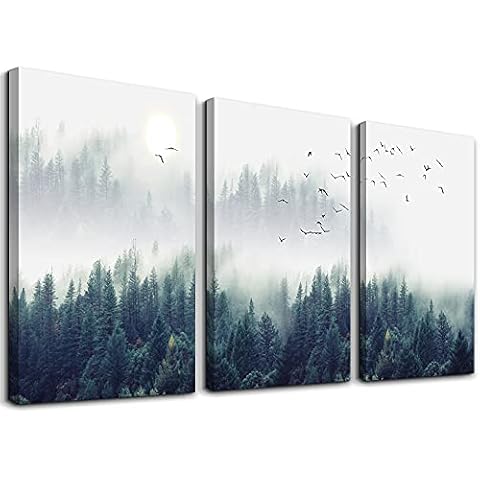 3 Piece Canvas Wall Art for Living Room Wall Decorations for Bedroom Office Wall decor Foggy forest Trees Landscape painting Stretched and Framed Ready to Hang pictures Home Decor 12"x16"x3 Panels Cover