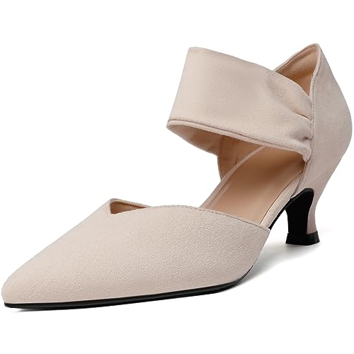 Image of RIBONGZ Kitten Heels for Women Closed Toe Comfortable Low Heels Pointed Toe Sexy Slip on Pumps Bridal Party Dressy Shoes