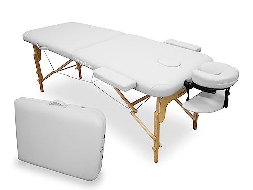 QUIRUMED Camilla de Masaje Plegable WELLCORE, Fabricada en Madera, Polipiel, 185 x 65 cm, Altura Regulable, Cabezal extraíble, Dos Brazos de ampliación, Agujero Facial, Color Blanco, hasta 225 kg