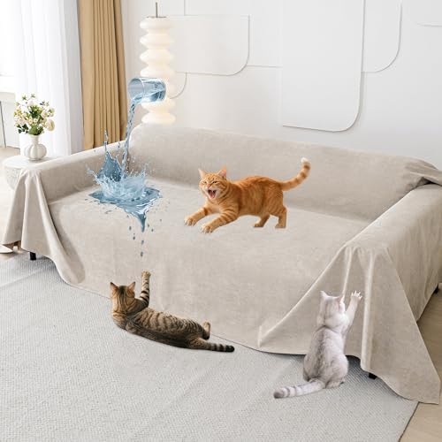 Loiion Protezione Divano Graffi Gatto, Impermeabile Divano Copertura, Copridivano Mobili Protector, Copridivani Impermeabile Resistente Alle Macchie E Ai Graffi per Cani e Gatti, Cachi, 340x180cm
