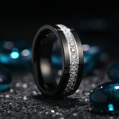 King Will Mens 8mm Black Polished Finish Tungsten Carbide Ring Cubic Zircon Stones Flat Style Wedding Band(9.5) - Image 2