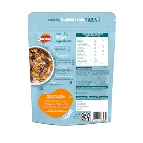 Image of Zerobeli Crunchy 0% Added Sugar Muesli 425g (Pack of 3) | 90% Wholegrains Rich in Flax Seeds, Sunflower Seeds and Raisins | Multigrain Breakfast Cereal | Diabetic Friendly and Helps in Manage Weight