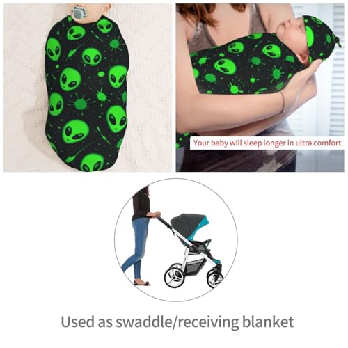 Image of Green Alien Head Newborn Swaddle Blankets Hat Sets Soft Baby Receiving Blanket Swaddle Sack for Baby Shower Infant Boy Girl Gift