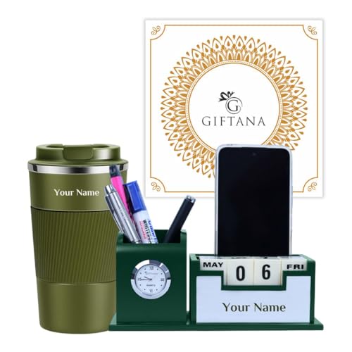 Image of Giftana Personalized Coffee Tumbler 510ml, Desk Organizer Gift Set for Men and Women, 2 in 1 Personalized Gifting Items, New Year Corporate Gift for Employee, Customized Employee Welcome Kit (Green)