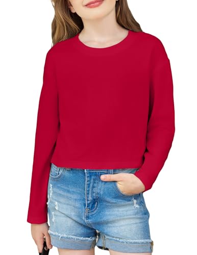 Image of Arshiner Girls Crop Tops Long Sleeve Shirts Drop Shoulder Crewneck Casual Fashion T Shirts Tee