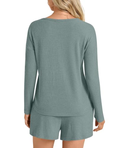 Image of Anydoll Womens Pajama Sets Waffle Knit Lounge Sets Long Sleeve Top and Shorts 2 Piece Loungewear with Pockets