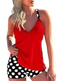 ROSEWE Womens Tankini Bathing Suits, Two-Piece Smocked Swim Dress, Print Swimsuits with Board Shorts Red
