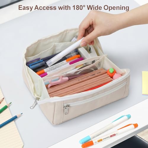 Image of Large Pencil Pouch for Teen Girls, 8 Compartments, Cream White | Large capacity pencil case, wide-opening organizer fits calculators, markers, pens; for middle school, high school, college