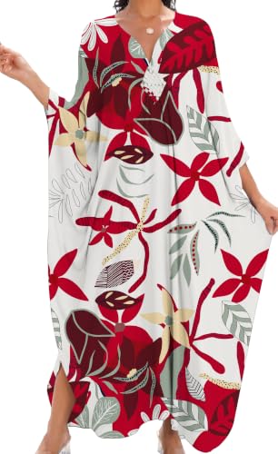 BOHOWE Women Kaftan Dresses V-Neck Batwing Sleeves Beach Cover Up Floral Print Caftan Dress with Pockets - image 1