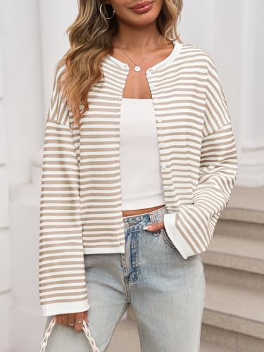 Image of Saodimallsu Womens Striped Cardigan Casual Long Sleeve Open Front Button Down Loose Knit Lightweight Fall Sweaters