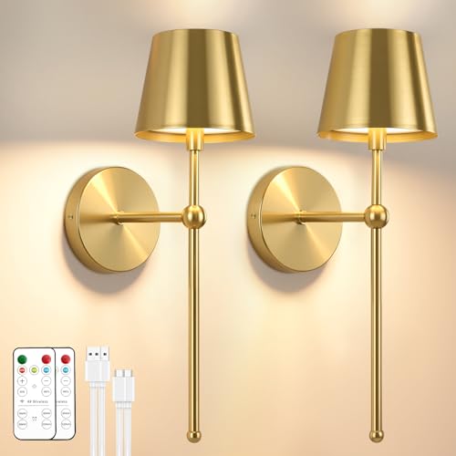 Image of TaoFiaCo Battery Operated Wall Sconces Set of 2,Wireless Wall Sconce Gold | 5200mAh Rechargeable, Remote, Timer, Dimmable, Cordless Wall Light for Bedroom Living Room, Hallway, Light Decor