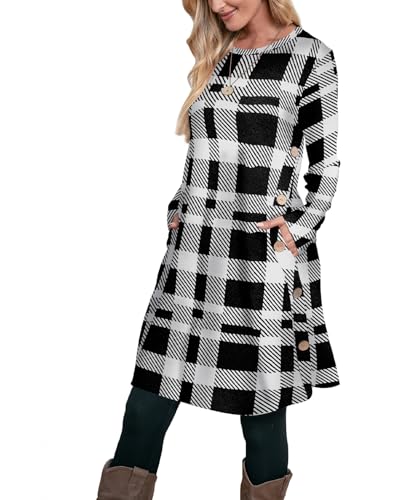 Image of OFEEFAN Long Sleeve Dress for Women Crew Neck Fall and Winter Tunic Dress with Pockets