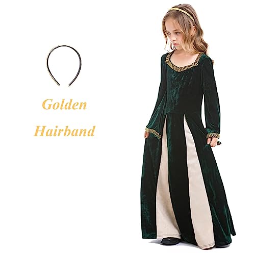 maxToonrain Girls Medieval Princess Costume Renaissance Velvet Dress Kids Royal Fancy Dress Up for Halloween World Book Day (Green - Image 2