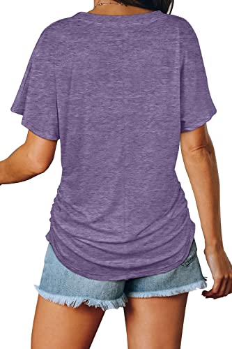 Image of WIHOLL Womens Summer T-Shirts Short Sleeve V Neck Dolman Tops with Side Shirring Loose Fit Shirts Spring Fashion