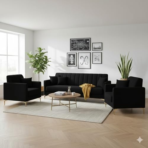 Image of 3+1+1 Seater Velum Fabric Sofa Set for Living Room, Modern Design with High Density Foam, Solid Wood Frame, Ergonomic Comfortable Seating for Home & Office (Black, 3+1+1) | Soft foam comfort, Strong wood frame